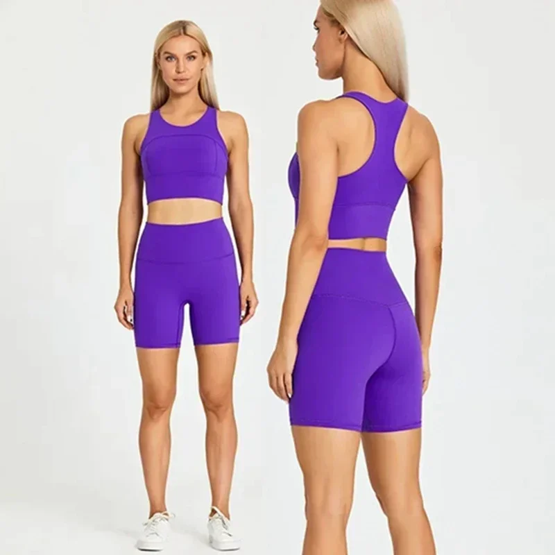 

Lulu Women 2 Piece Sports Set Exercise Biker Shorts 6" Exercise Running Fitness Back Waist Short Sports Gym Bra Workout Sets