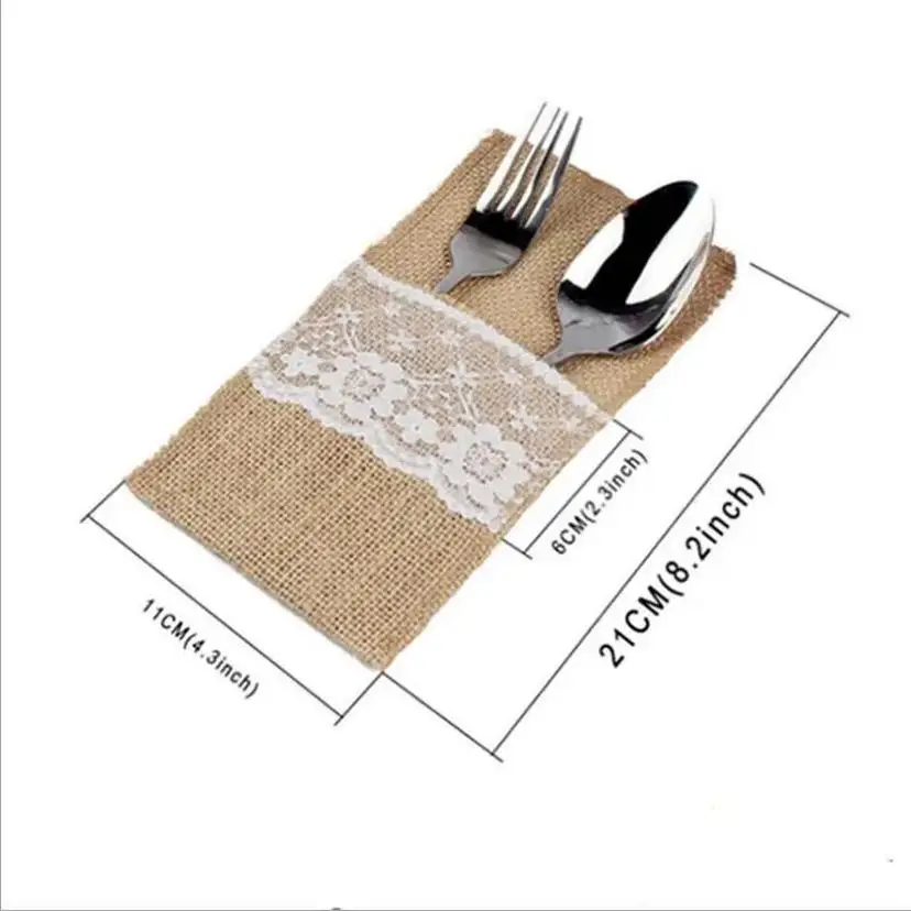 10 Pcs Burlap Lace Cutlery Pouch Wedding Tableware Party Decoration Holder Bag Hessian Rustic Jute 11cm X 21cm