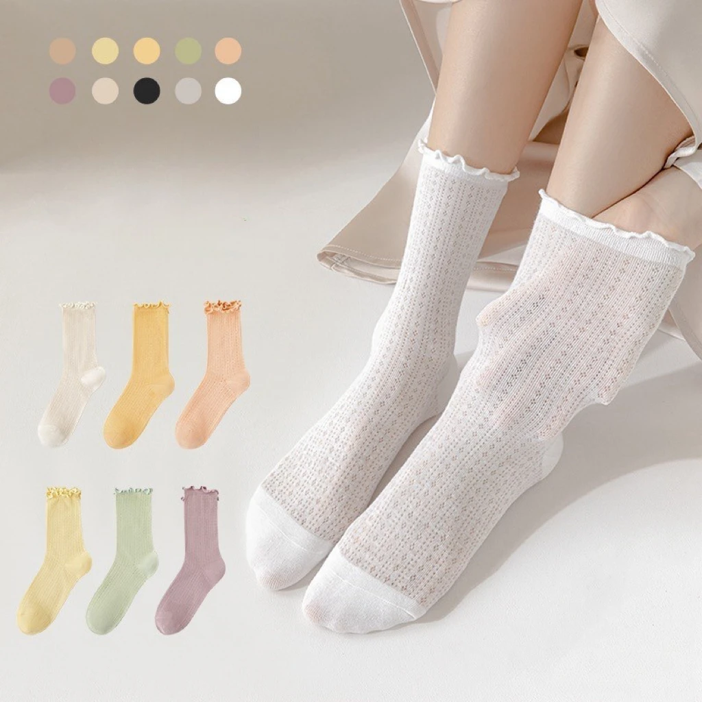 

3 Pairs Summer Thin Pile Socks Pure Cotton Sweat Absorption Cute Sweet Casual Ladies Retro