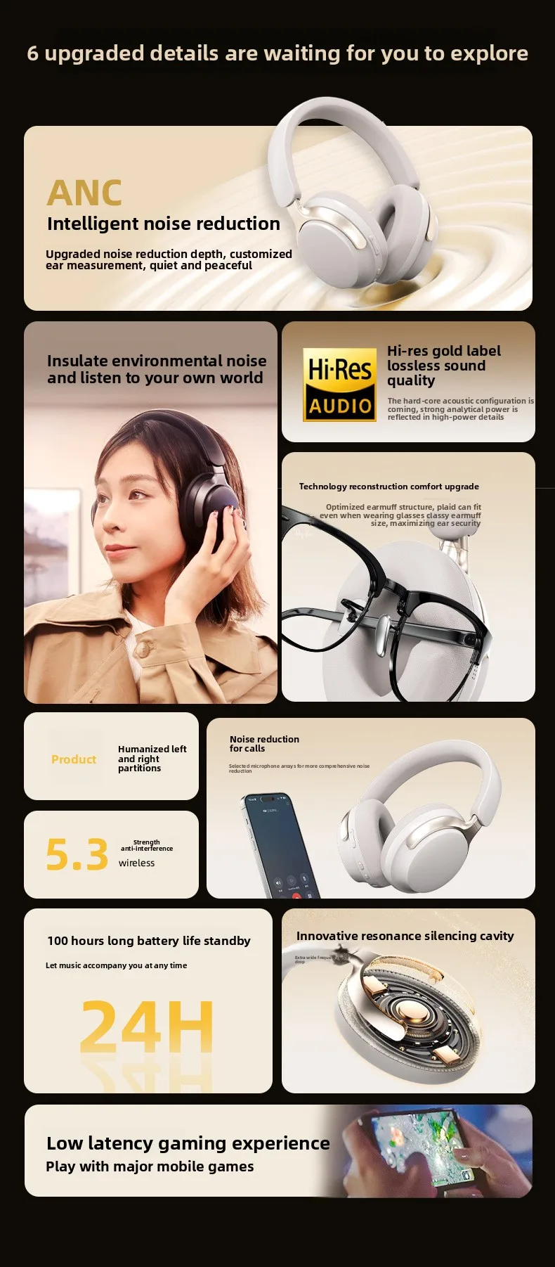2025 model over-ear headphones with ANC active noise cancellation, HIFI high-qua