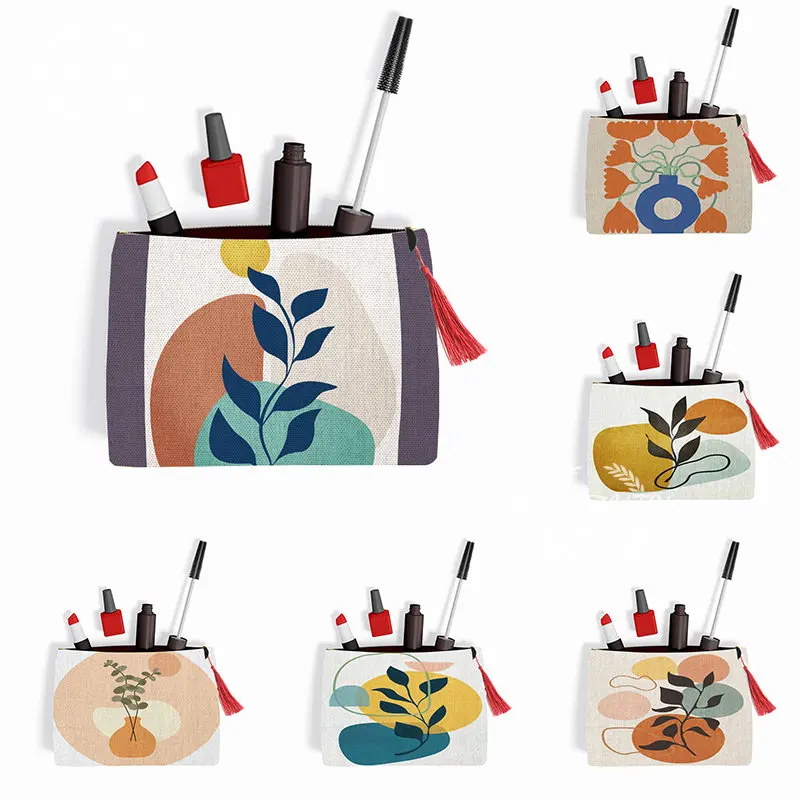 

Retro Boho Plants Makeup Bag Aesthetic Canvas Double Sided Printed Cosmetic Organizer Bag Storage Bag Women Practical Pencilcase