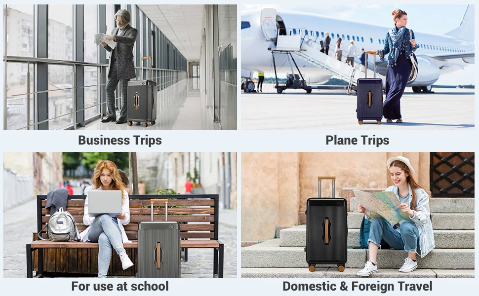 Collage showcasing a travel case in various settings: airport, business trips, plane travel, school use, and domestic/foreign travel scenarios.
