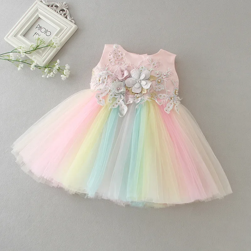Baby Appliques Formal Princess Dresses for Girl Rainbow Tulle Birthday Party Dress Infant Girl Dress Baby Clothes 3-24M