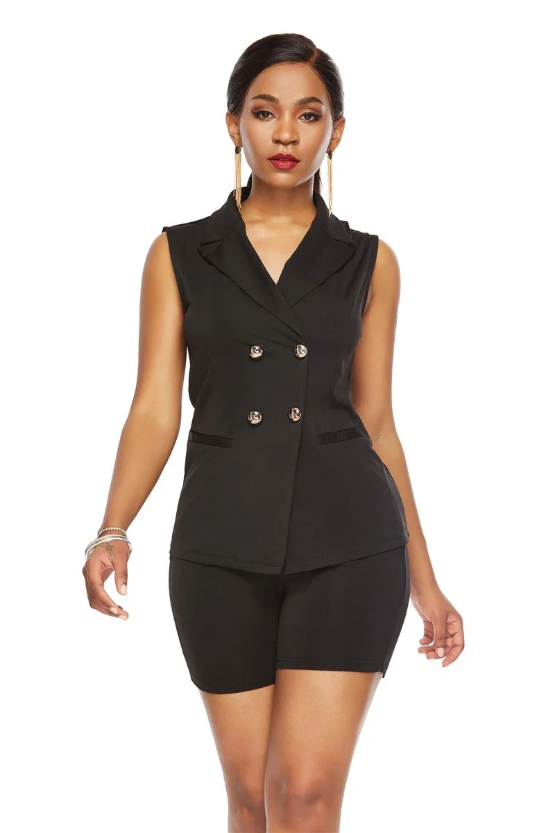 

Summer Sleeveless Blazer Blue Suit Women Solid Colors Casual Office Blazer Set Slim Shorts Suit Zipper Up Shorts Set 2021 New