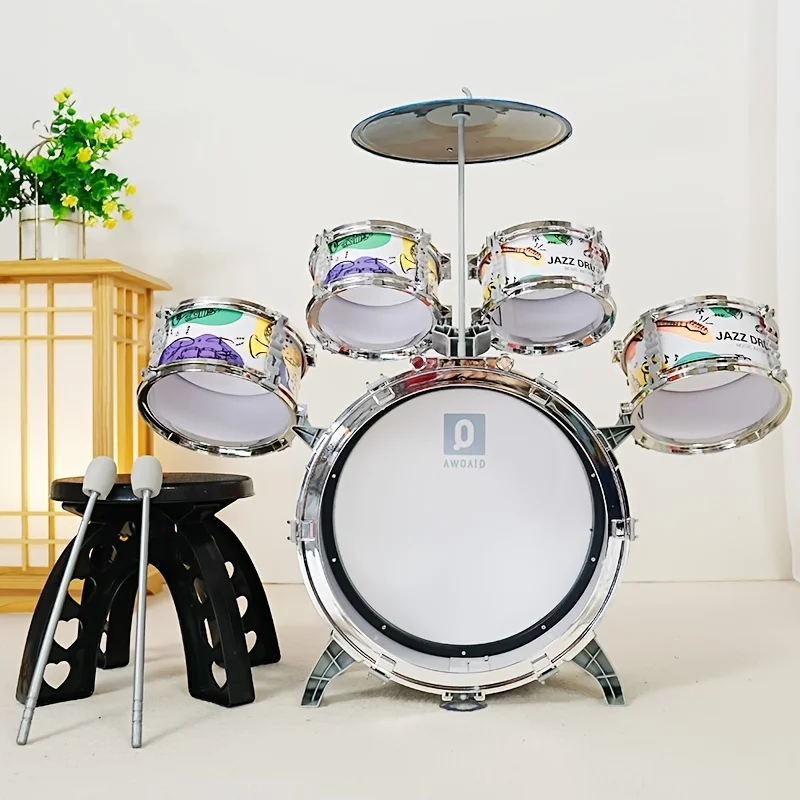 Kids Drum Set Toddler Jazz Drum Kit Toys with Stool Pedal Percussion Musical Instruments Drum Toy Early Education Gift for Boys 5