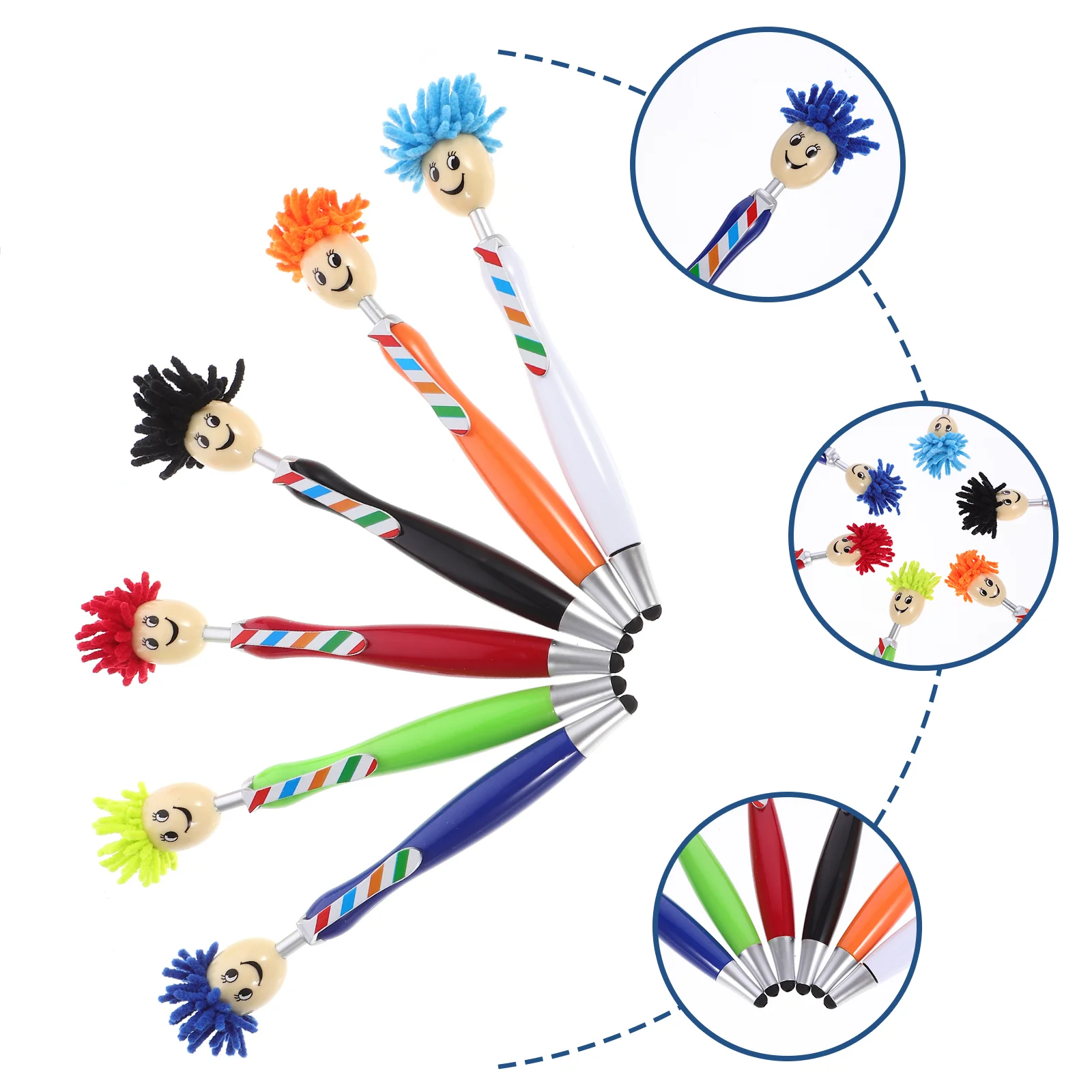 

6pcs Plush Hair Mop Head Pen Cartoon Students Writing Pen Plastic Ballpoint Pen (Assorted Color)