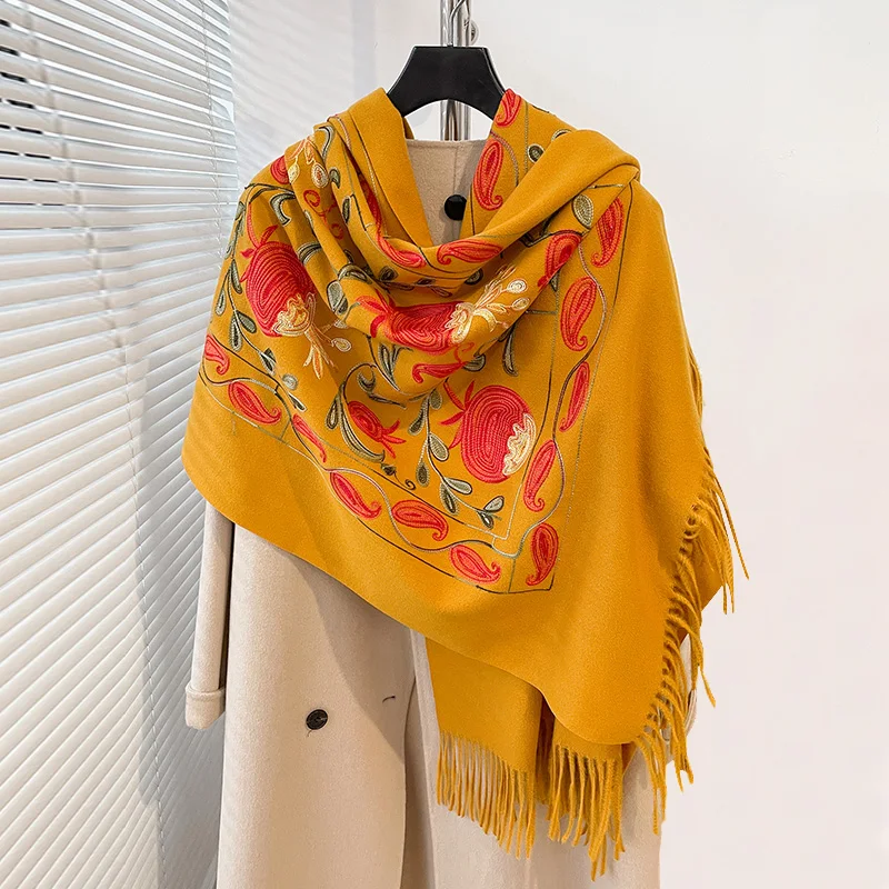 NEW Brand Embroidery Scarf Elegant Women Winter Thick Warm Neck Pashmina Paisley  Fringe Scarves Lady Blanket Soft Shawl