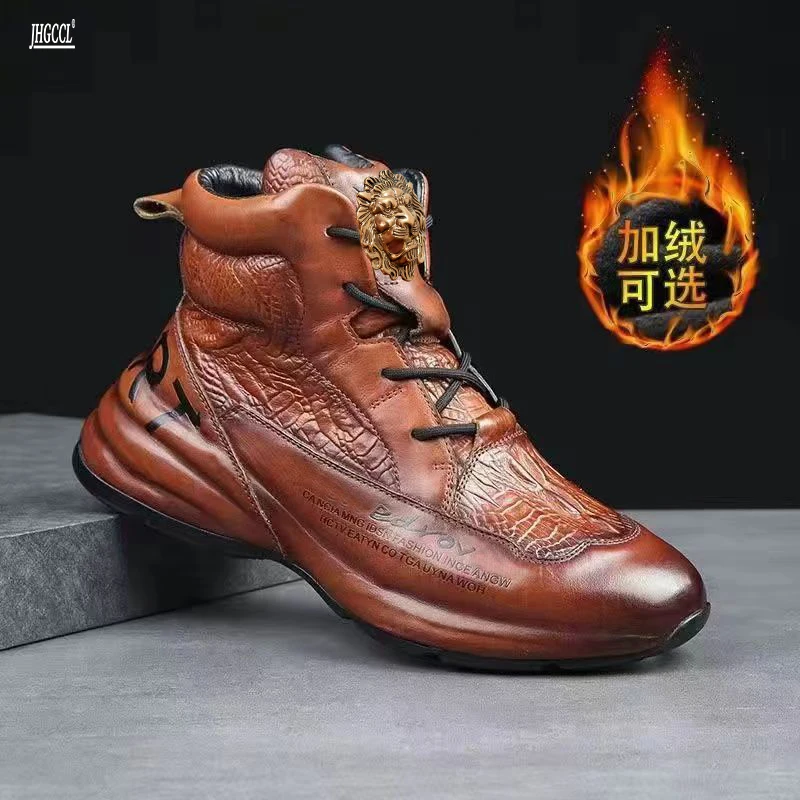 

Real cowhide winter new men's sports casual shoes with all the tide shoes riding boots wear-resistant men's cotton boots A1