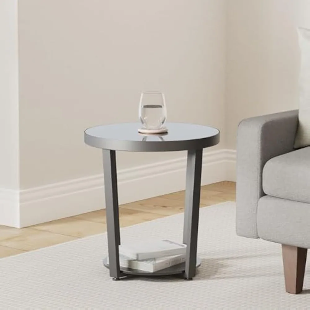 Round End Table, Tempered Glass End Table with Metal Frame, Small Coffee Table, Black Sofa Side Table for Living Room, Balcony 2