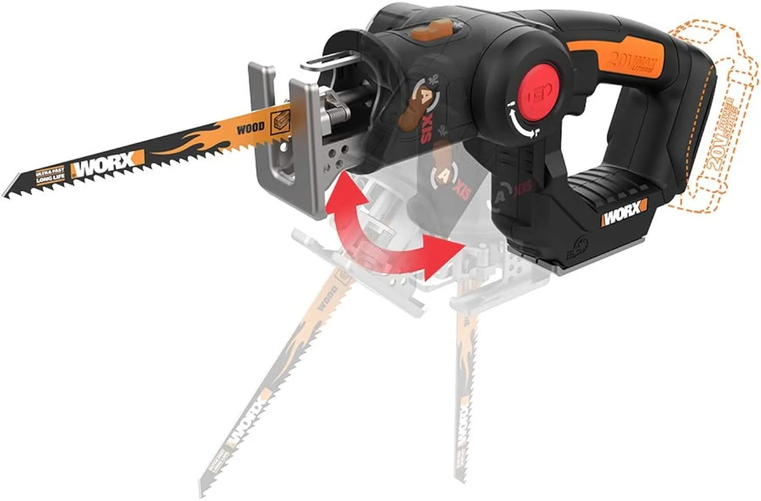 

Сабельная пила WORX WX550L.9, 20 в, по оси питания