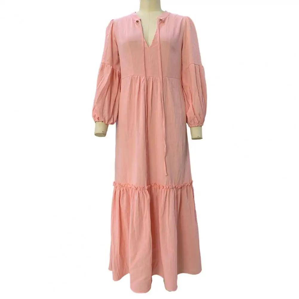 

Elegant Women Dress Bohemian Beach Maxi Dress with V-neck Bubble Sleeves Women's Loose Patchwork A-line Pleated Hem in Pure