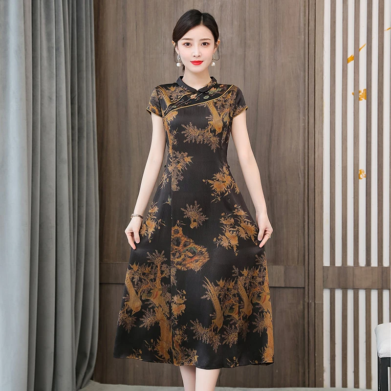 

2023 New Fashion Silk Printed Dress Women's High End Fragmented Flower Chinese Style Leisure Vacation Party Dress Vestidos