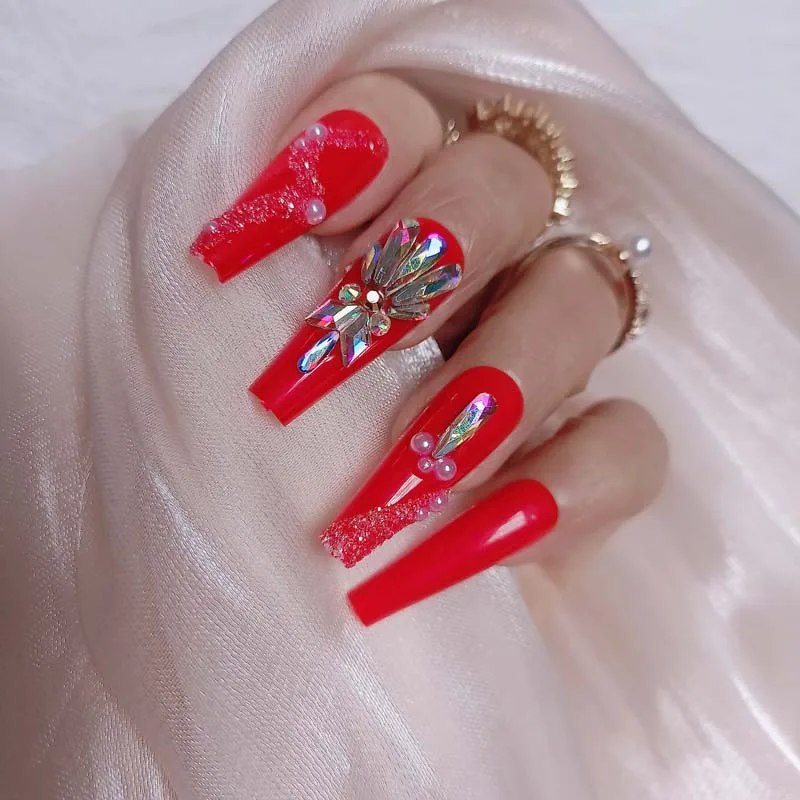 

24 шт., новейшие Роскошные ювелирные украшения, гробы для балета, искусственные ногти, кристалл, бриллиант, 2022 красный