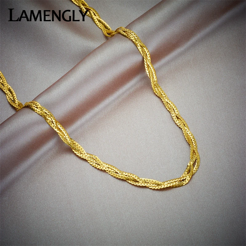 

LAMENGLY 316L Stainless Steel Gold Color 3in1 Crossing Chains Necklace For Women Girl New Trend Choker Non-fading Jewelry Gift