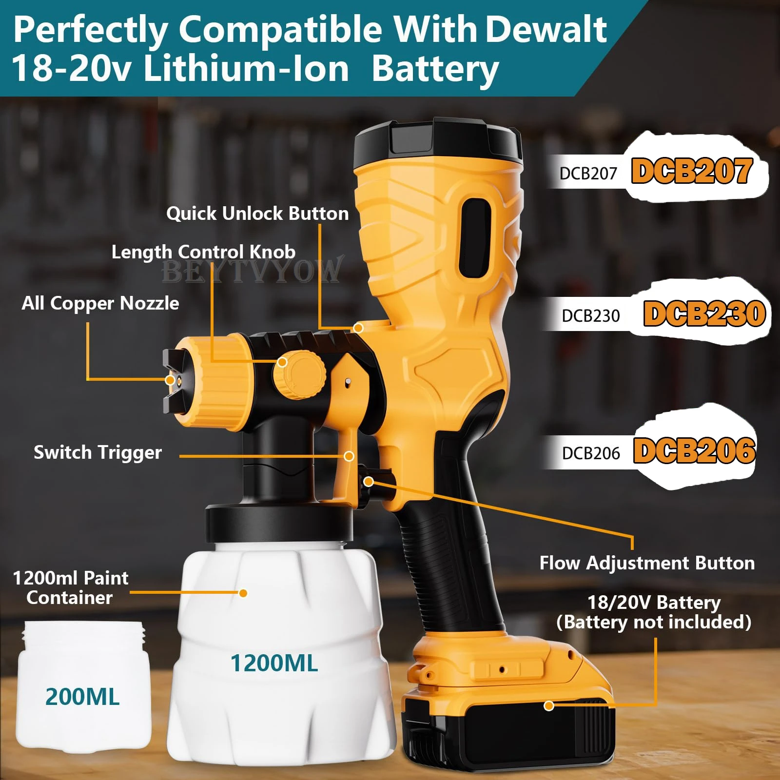 Beytvyow 1000 ml Akku-Spritzpistole für Dewalt 20 V Batterie, bürstenloser Motor, elektrisches Farbspritzgerät für Zuhause, 4 Düsen, einfach für Anfänger
