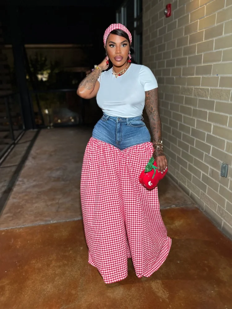 Wmstar Two Piece Set Women Wholesale Denim Patchwork Solid Wide Leg T Shirt Plaid High Waist Loose Wide Leg Pants Dropshopping