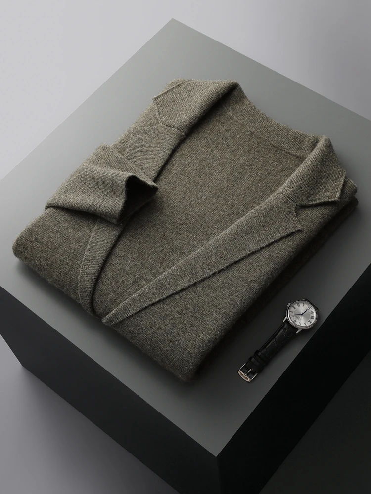 Autumn Winter Men Cashmere Sweater Button Cardigan Turn-Down Collar 100% Merino Wool Pocket Knitwear Soft Casual Fashion Coat 4