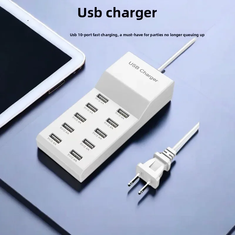 Smart 10-Port USB Charger for Mobile Phones Fast-Charging Flat Panel Power Station for Home Office Use with Travel Features US/E