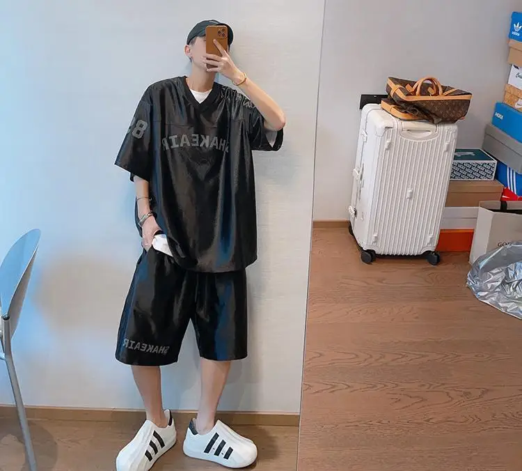 Men Shiny Silver Casual Shorts with Pockets Oversize Elastic Waist American Trendy Sports Pants Glossy Party High Street Bottoms