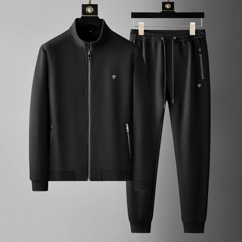 Minglu Spring Autumn Men's Sets Luxury Bee Printed Zipper Sweatshirt Solid Color Leisure Sports Elastic Wasit Pants Man Suits 2