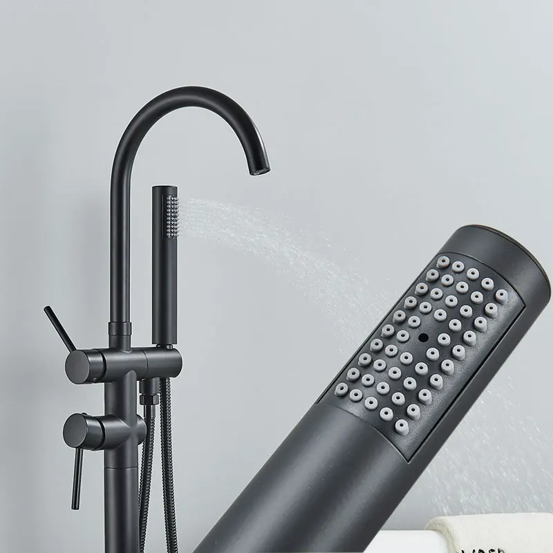 FMHJFISD Black Bathtub Faucet Floor Mounted Free Standing Bathtub Shower Mixer Taps Hot Cold Water Bathroom Crane Swivel Spout 3