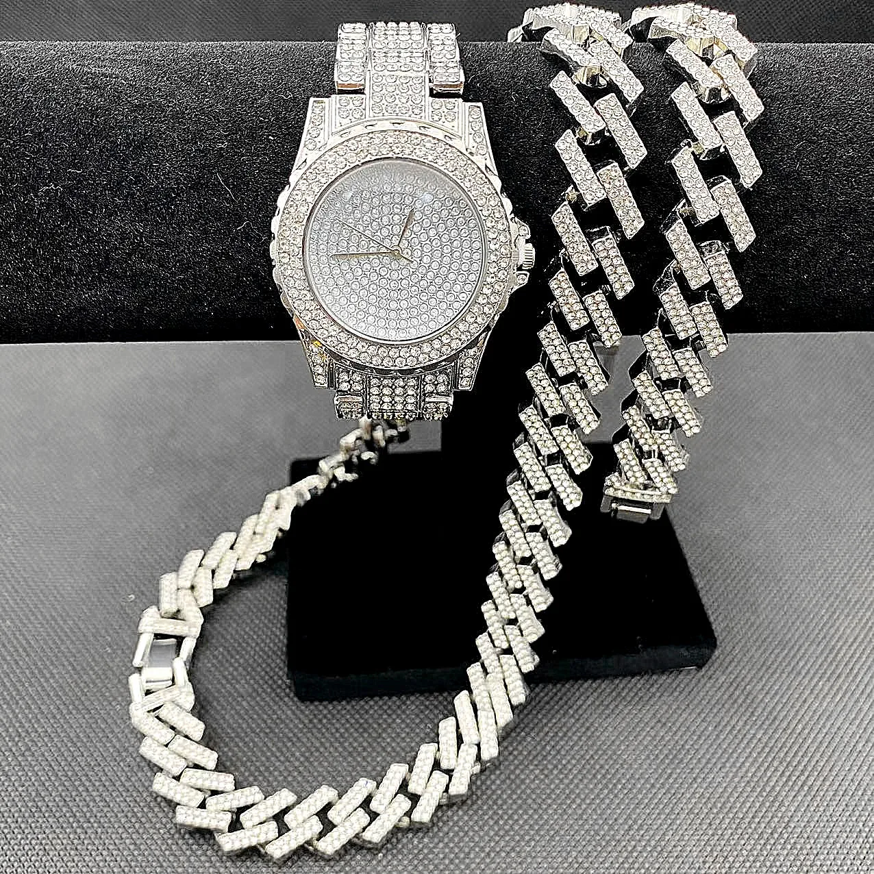 3PCS Fashion Mens Women Jewelry Set Iced Out Watch Necklaces Bracelet Bling Bling Diamond Miama Cuban Link Chain Gold Watches