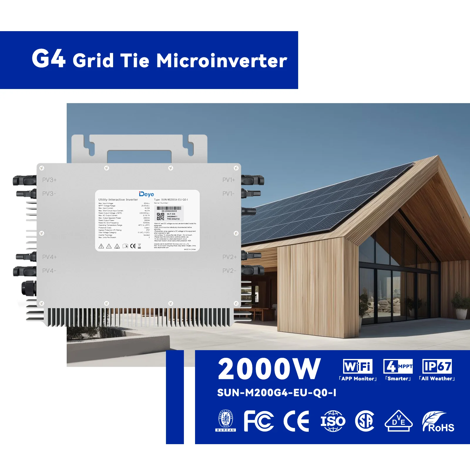 DEYE 2000W 230VAC(184-265V) 태양광 그리드 연결형 마이크로 인버터, 210-770W 태양광 패널 4개 연결 가능, WiFi 지원