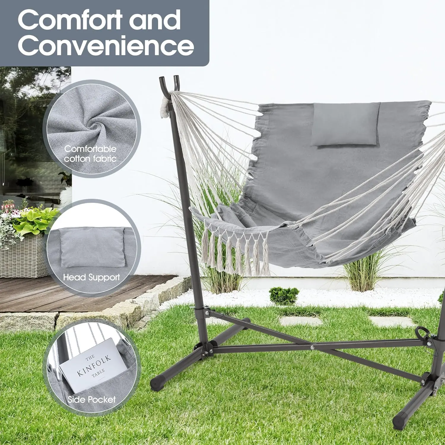 Hammock Chair with Stand. Hanging Chair. Macrame Boho. Adjustable Swing. Headrest & Side Pocket. 450lbs Capacity. Gray.