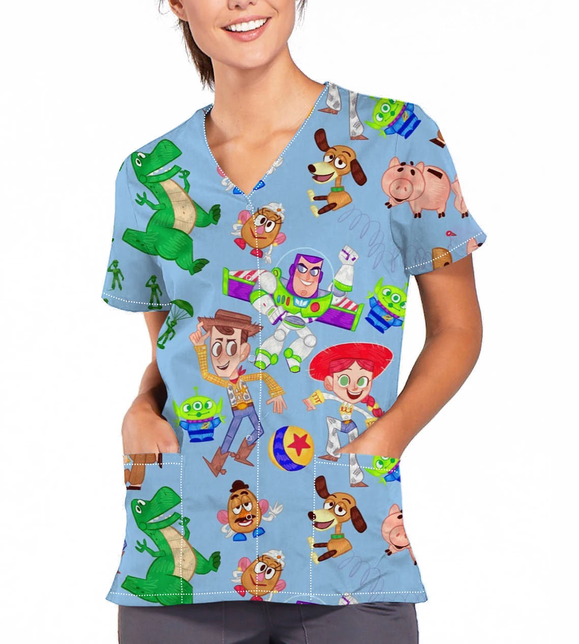 

New Women's Hospital Uniform Disney Buzz Lightyear V-Neck Print Scrub Top Printed Beauty Salon Nursing Clothing Top