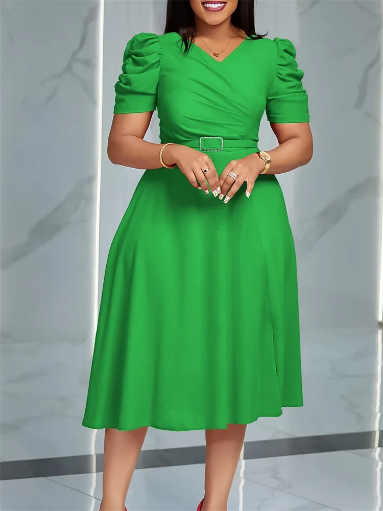 Wmstar Women Dress High Quality Summer Elegant Solid Color V Neck Short Sleeve High Waist Casual Loose Pleated Dresses Vestidos