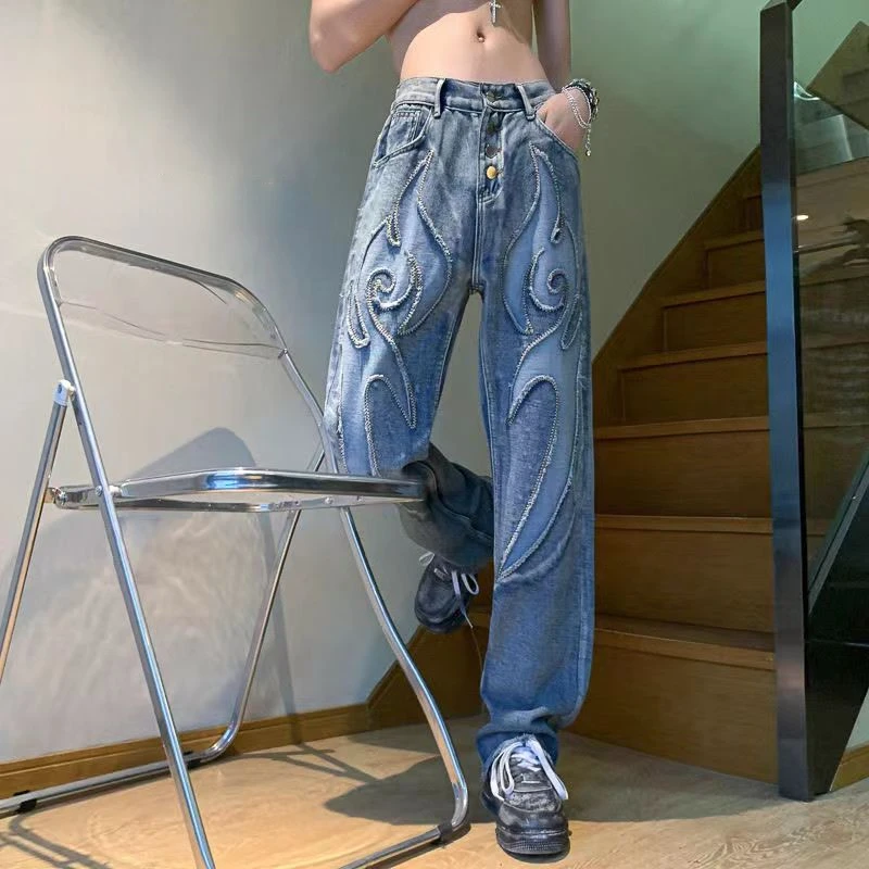 2024 retro Harajuku three-dimensional splicing design jeans for men and women, vibe style, street straight, loose y2k trousers