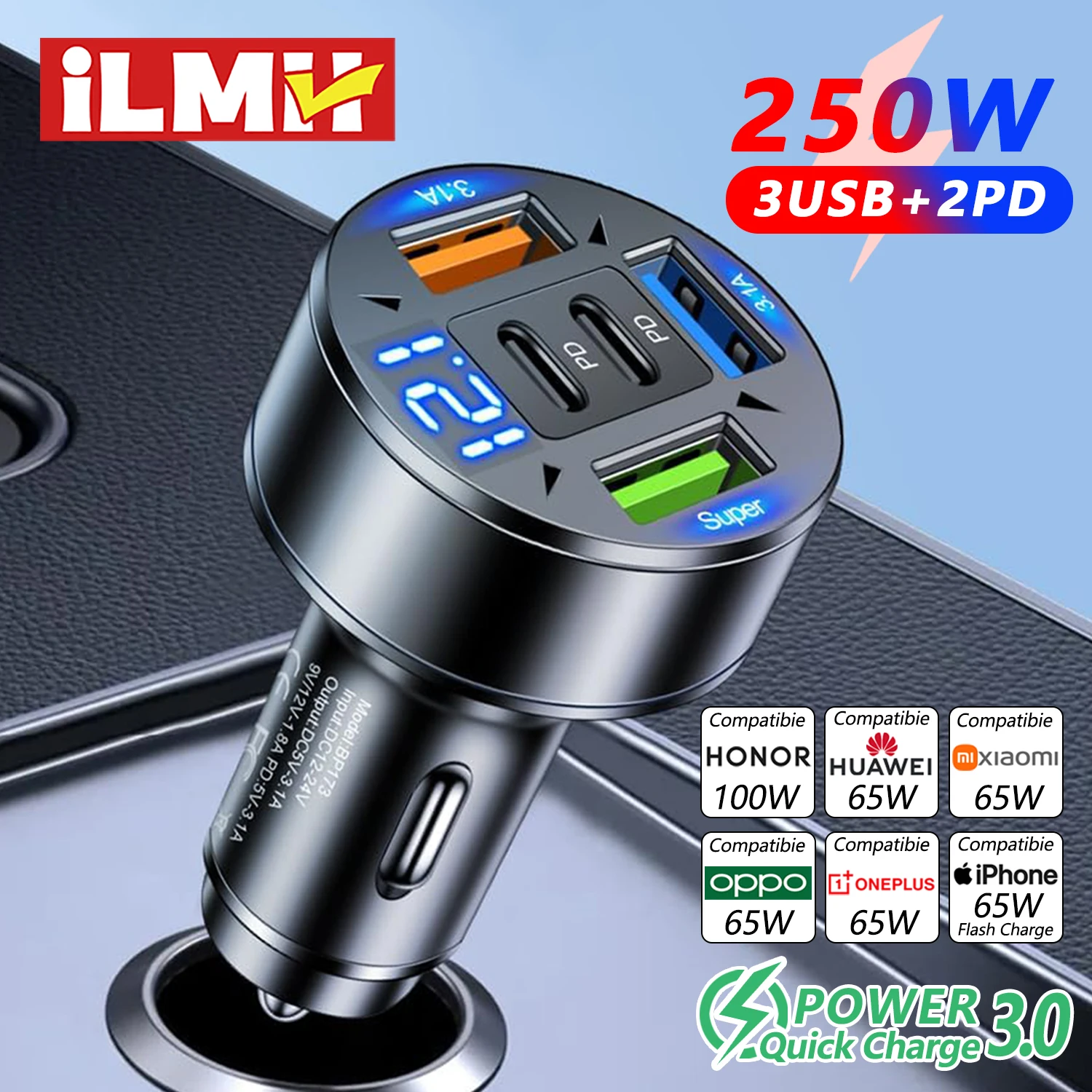 Caricabatteria da auto PD QC3.0 5 in 1 da 250 W a ricarica rapida USB C per iPhone, Samsung Galaxy, iPad Pro, adattatore per accendisigari multiporta