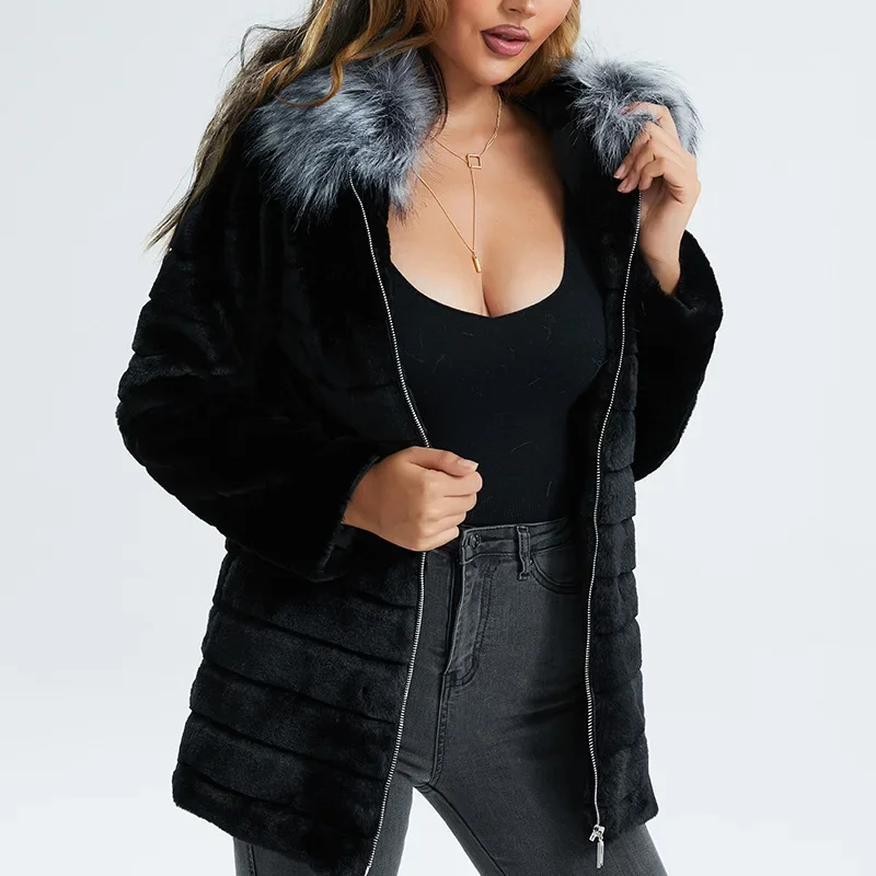 winter-new-women's-fashion-faux-fur-coat-mid-length-hooded-thickened-imitation-fur-long-sleeve-slim-elegant-coats-zipper-black