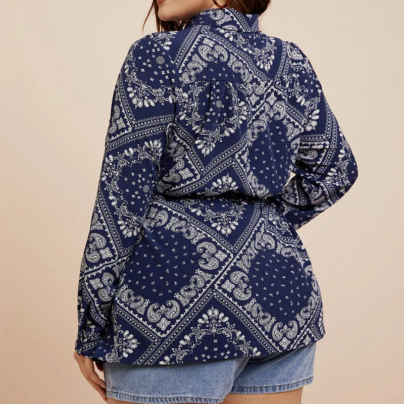 Plus Size Clothes Fashion Turn-down Collar Shirring Loose Blouse Vintage Printing Long Sleeve Bandage Spring Autumn Women Shirt