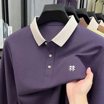 Polo a maniche lunghe da uomo di marca di lusso alla moda, nuova tendenza autunnale, con badge in rilievo, design coreano casual, in seta e cotone, con risvolto