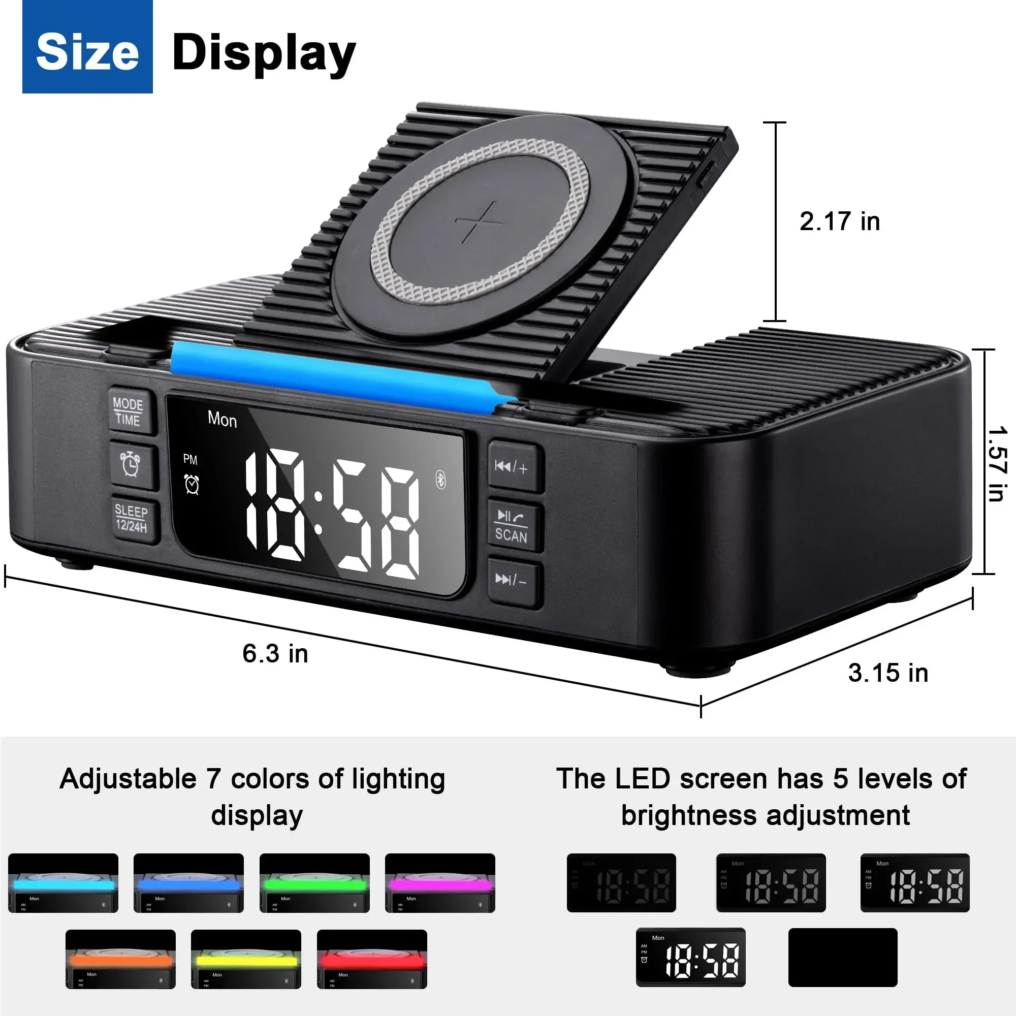 휴대용 디지털 알람 시계 블루투스 스피커 15W 무선 충전기 RGB 조명 휴대폰 거치대 듀얼 알람 스누즈 USB AUX 재생