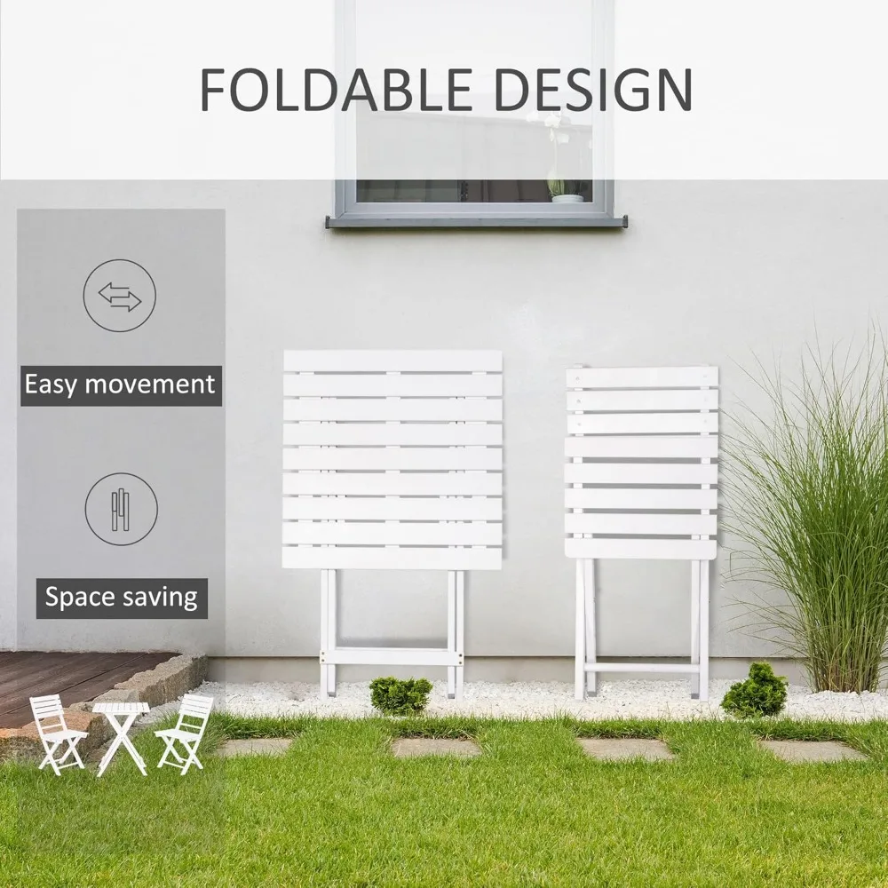 3 Piece Bistro Set, Wood Folding Outdoor Furniture with Table & Chairs for Backyard & Balcony, Square, White 3