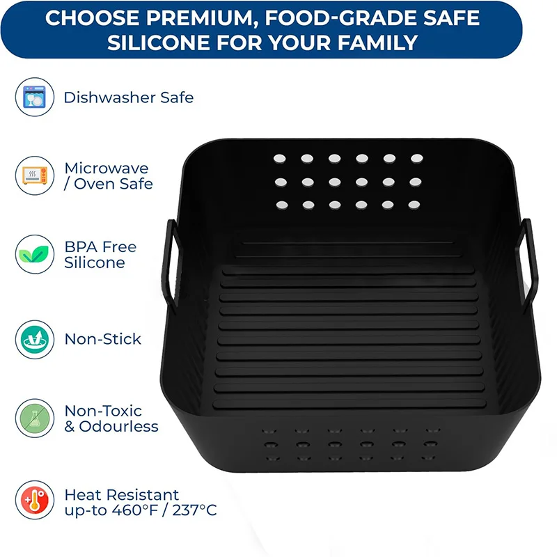 Air Fryer Liners Air Fryer Accessories Air Fryer Silicone Tray 20cm/7.87inch Square Reusable Air Fryer Silicone Liners for Ninja AF180 AF140 Silicone Basket for Philips HD9270 Accessoires