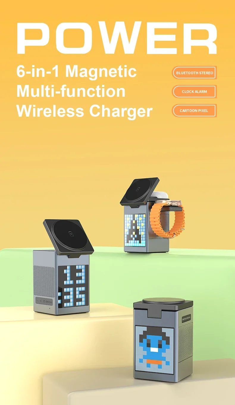 Description Picture 2 of itemBluetooth Speaker 6 in 1 Wireless Charger For iPhone 16 15 14 13 12 Fast Charging Station For Apple Watch 9 8 7 6 With Clock