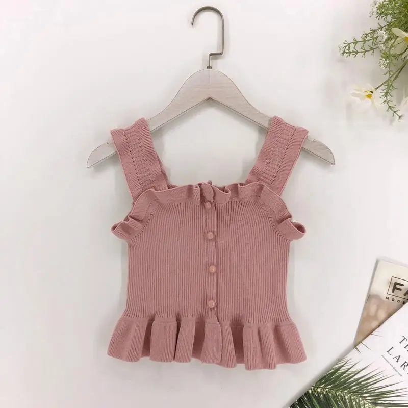 2022 hot sale kids girls knitted backless t-shirt summer autumn 100% cotton fashion girls striped vest top 3-8t baby clothes