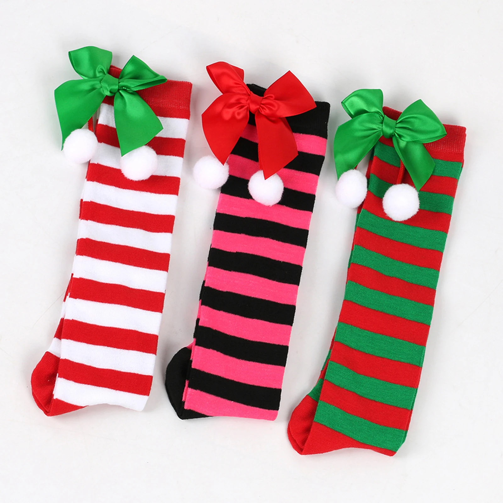 

Girl Christmas Thigh High Socks Striped Print Teen Girls Over the Knee Long Socks with Bowknot Xmas Socks Gifts