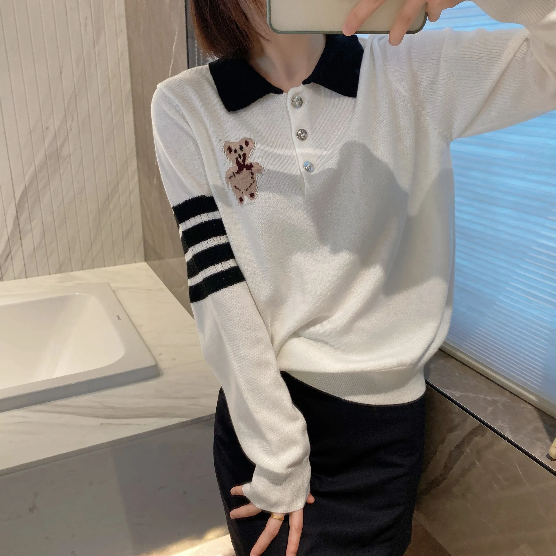 

High Quality TB Korean Fashion Long-sleeved Bear Polo Shirt Sweater Women Pullover
