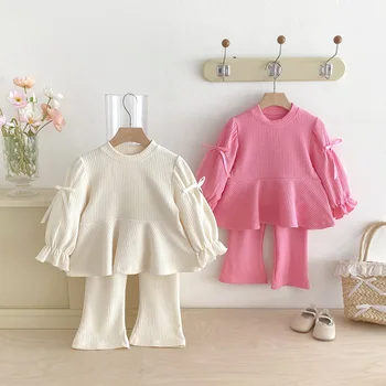 Camicie con fiocco per bambini + pantaloni svasati 2 pezzi Completo in cotone per bambina Completi per ragazza coreana autunnale Set per ragazze dolci e carine