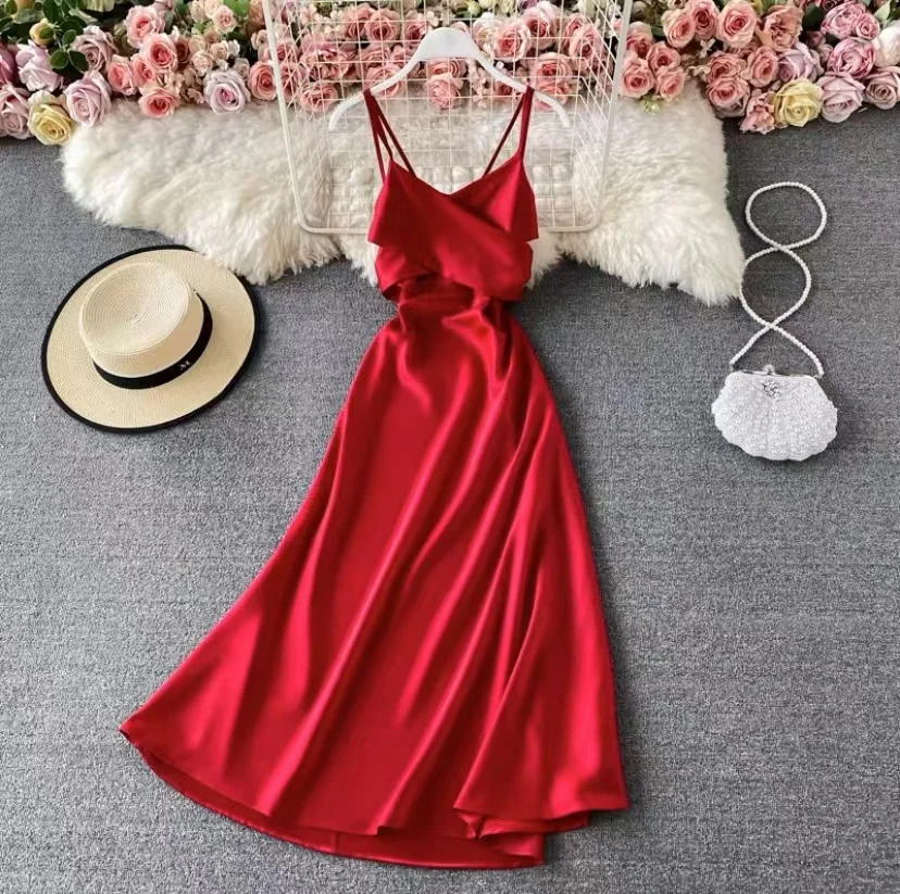 

Elegant Banquet Celebrity Dress 2022 New Satin Temperament Fashion Slim Solid Color Dress Backless V-neck Sling Dress Summer