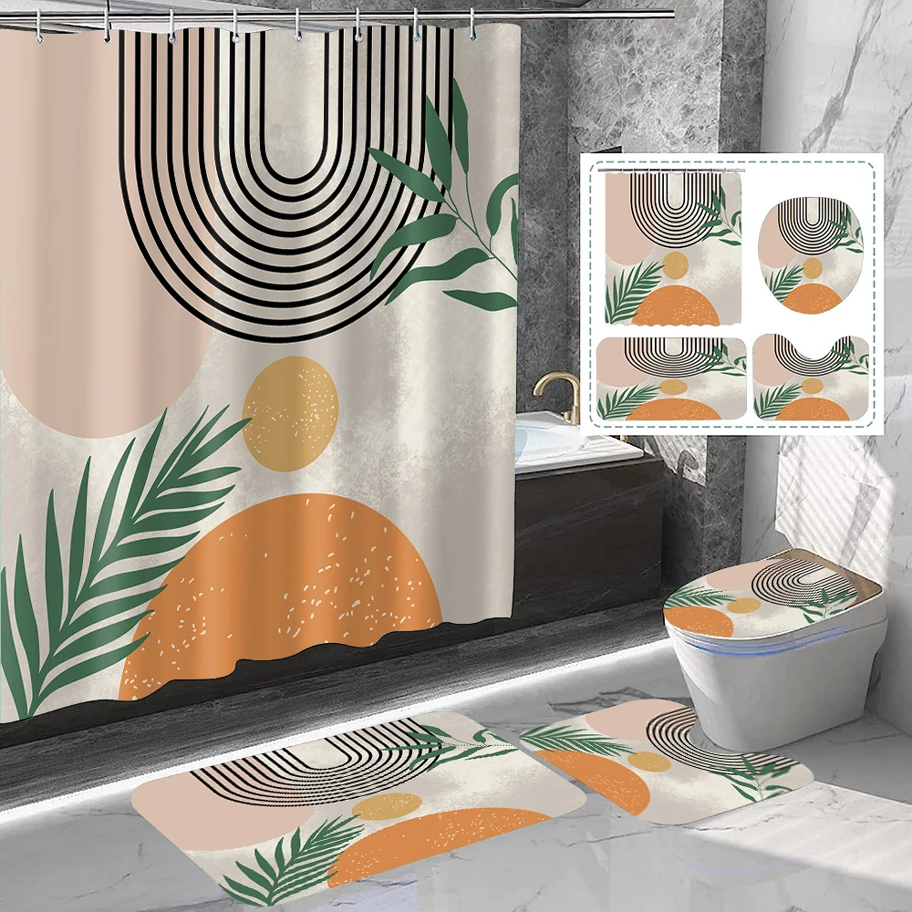 

Bohemian Retro Waterproof Shower Curtain Bathroom Floor Mat 4pcs Geometrically Color Shower Curtain Decorative with Plastic Hook