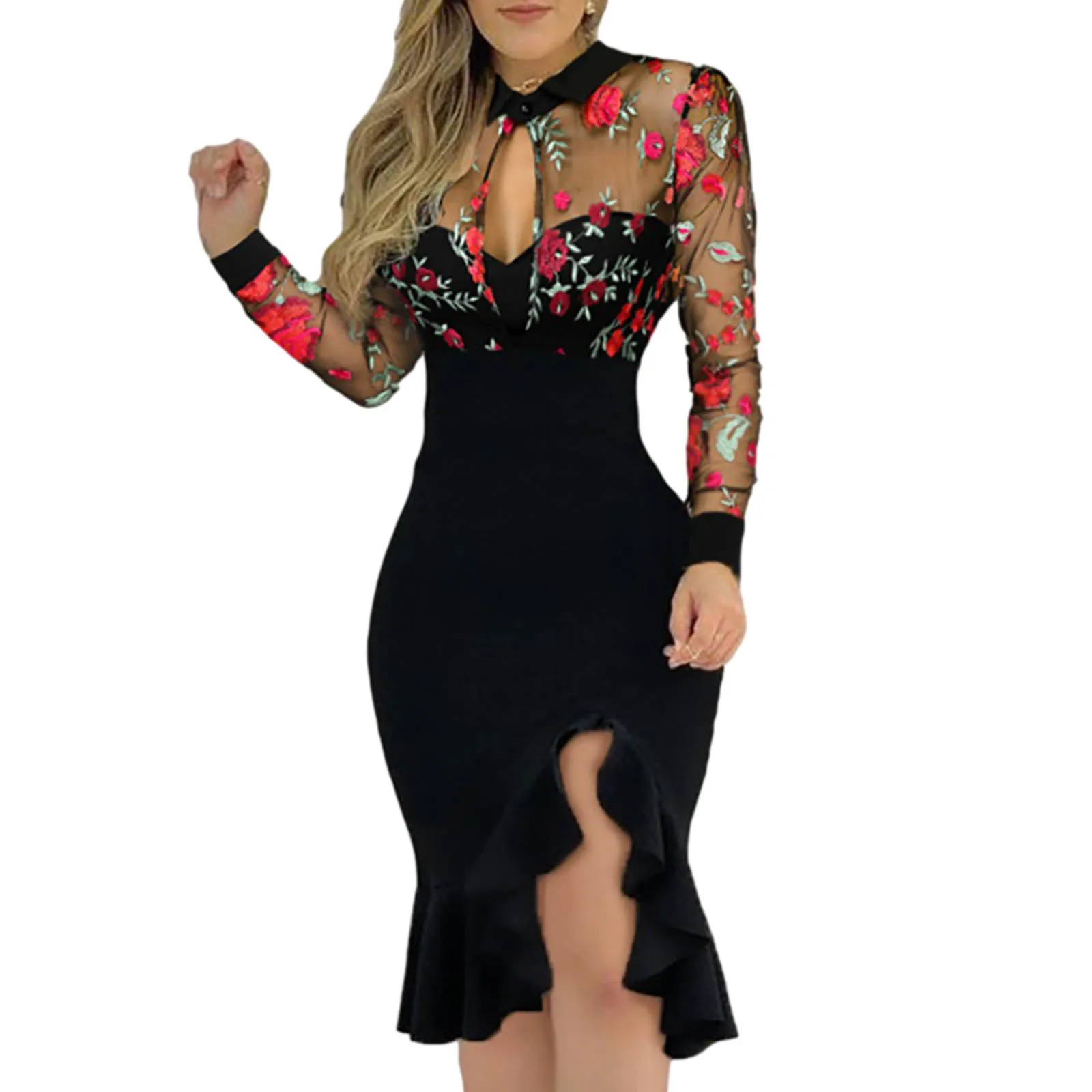 

Mesh Embroidered Dress 2023 Spring Summer New Women's Pencil Dress Flower Party Femme Vestidos