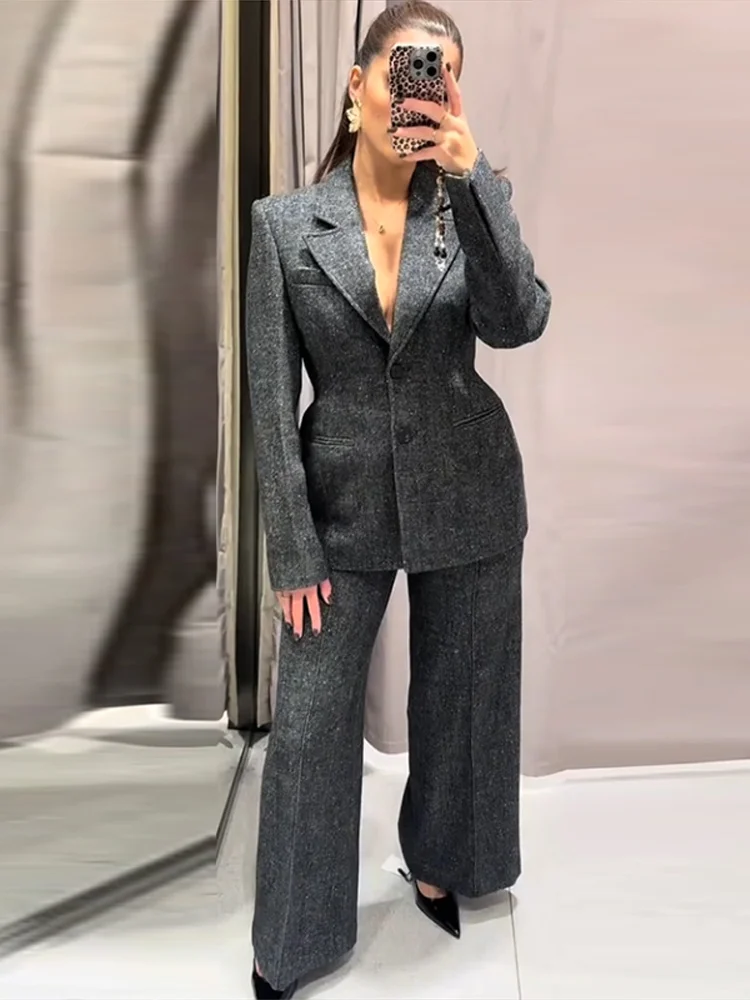 2-teilige Anzüge für Damen, V-Ausschnitt, Taille, Cinching, Wollanzug, Jacke, Hosen, Sets, Herbst 2022, weibliche schlanke Bomberjacken, weites Bein – Detail 14