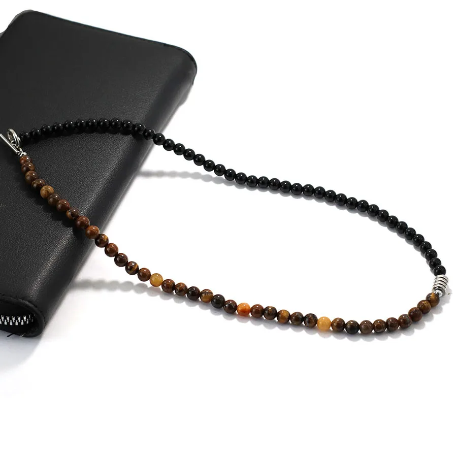 Mens Natural Obsidian Stone Stainless Steel Necklace