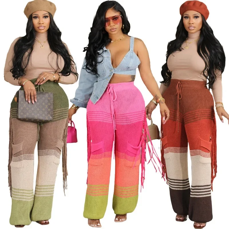 Casual Knitted Color Patchwork Tassel Loose Straight Leg Pants 2023 Autumn Fashion Drawstring Trousers Party Club Streetwear