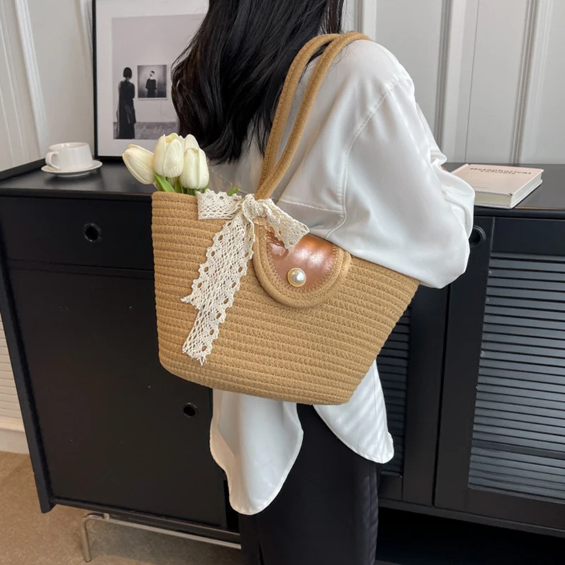 Women's Woven Shoulder Bag New Large Capacity Tote Bag Casual Knit Beach Vacation Handbags Eco Reusable Shopper Pearl Decoration